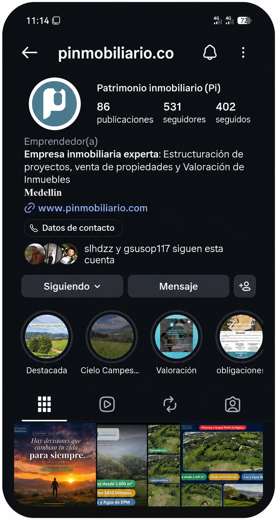Perfiles de Patrimonio Inmobiliario en redes sociales vistos en un celular